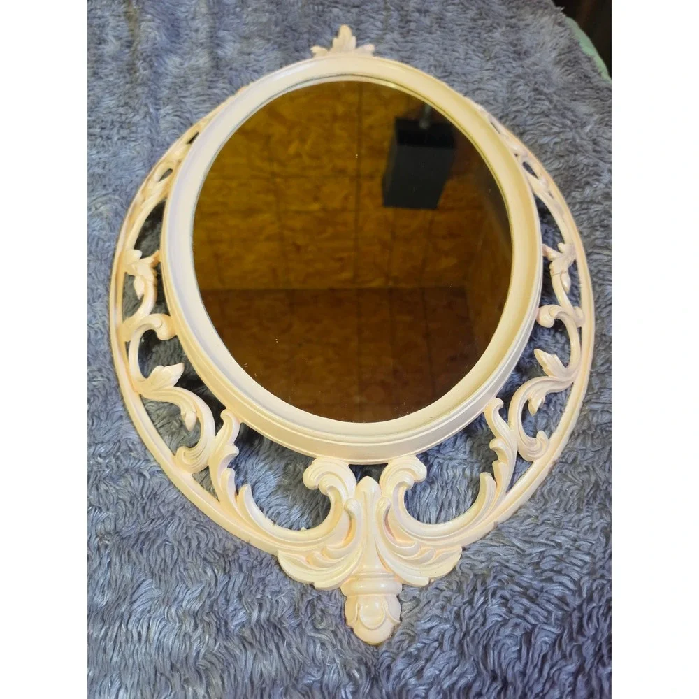 Vintage Burwood Products Co, Ornate Scroll pink Oval Wall Mirror 4405 29